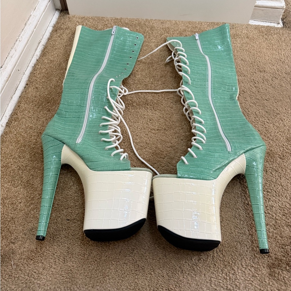 Mint Green Lace-Up Platform Heeled Boots - Women's